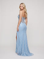 Sky Blue Sequins Sheath Sweetheart Corset Back Floor-Length Dress with Illusion Corset & Slit - Curvevia
