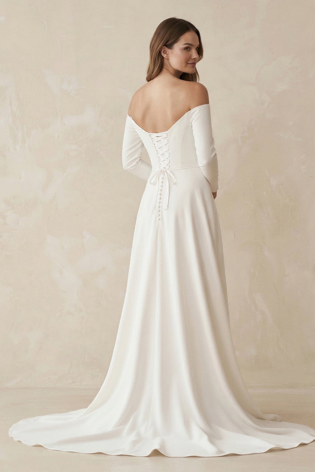 Simple A-Line Off the Shoulder Long Sleeves White Satin Wedding Dresses - Curvevia