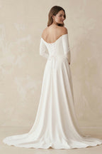 Simple A-Line Off the Shoulder Long Sleeves White Satin Wedding Dresses - Curvevia