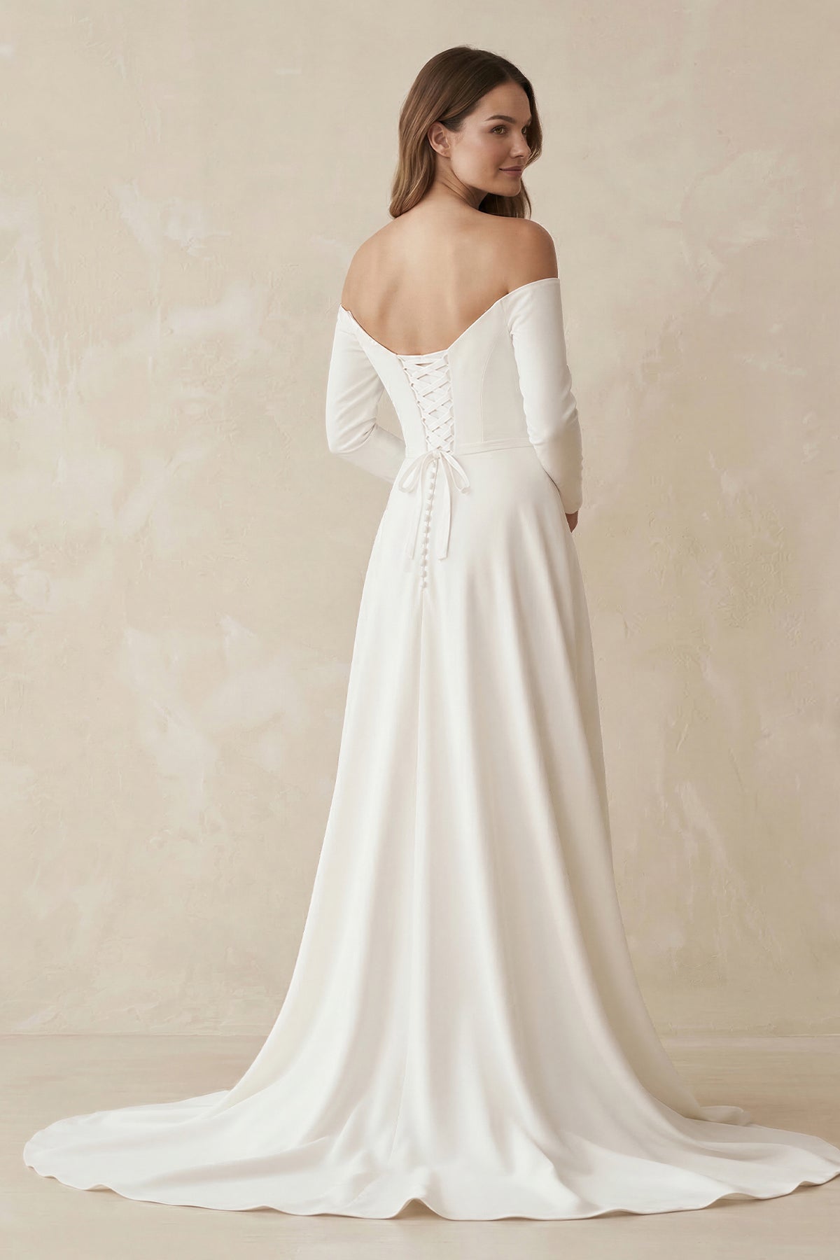 Simple A-Line Off the Shoulder Long Sleeves White Satin Wedding Dresses - Curvevia