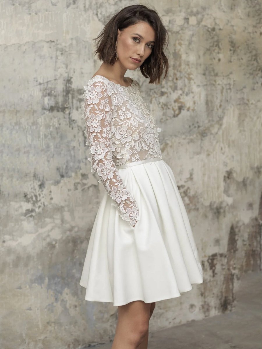 Simple A Line Short Knee-length Satin Lace Bateau Long Sleeve Wedding Dress - Curvevia