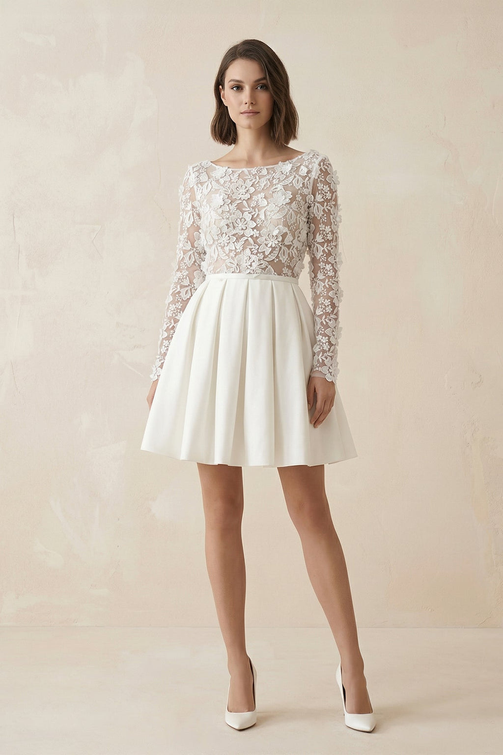 Simple A Line Short Knee-length Satin Lace Bateau Long Sleeve Wedding Dress - Curvevia