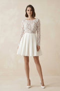 Simple A Line Short Knee-length Satin Lace Bateau Long Sleeve Wedding Dress - Curvevia
