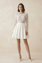 Simple A Line Short Knee-length Satin Lace Bateau Long Sleeve Wedding Dress - Curvevia