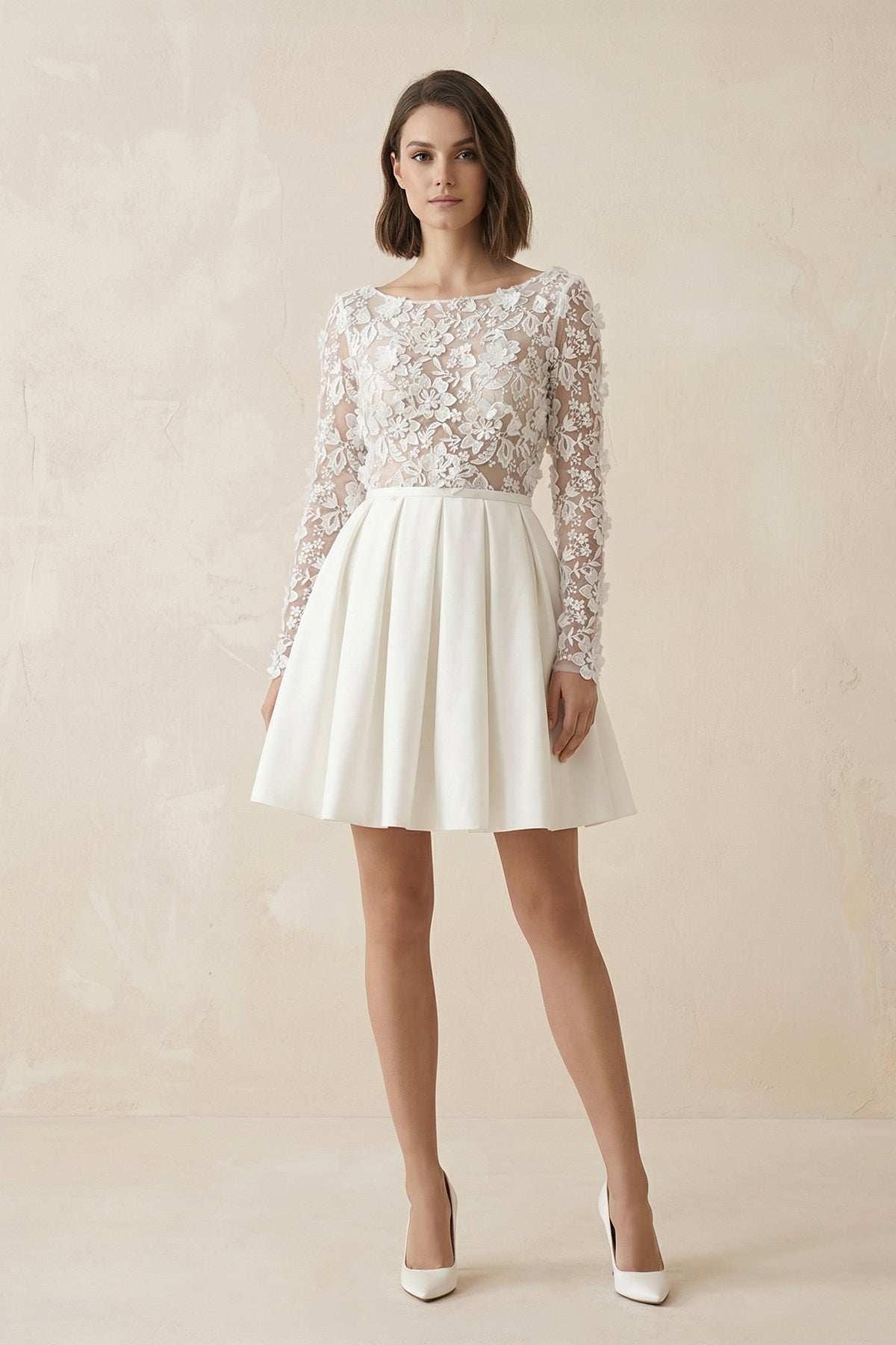 Simple A Line Short Knee-length Satin Lace Bateau Long Sleeve Wedding Dress - Curvevia