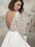 Simple A Line Short Knee-length Satin Lace Bateau Long Sleeve Wedding Dress - Curvevia
