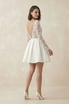 Simple A Line Short Knee-length Satin Lace Bateau Long Sleeve Wedding Dress - Curvevia