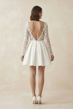 Simple A Line Short Knee-length Satin Lace Bateau Long Sleeve Wedding Dress - Curvevia