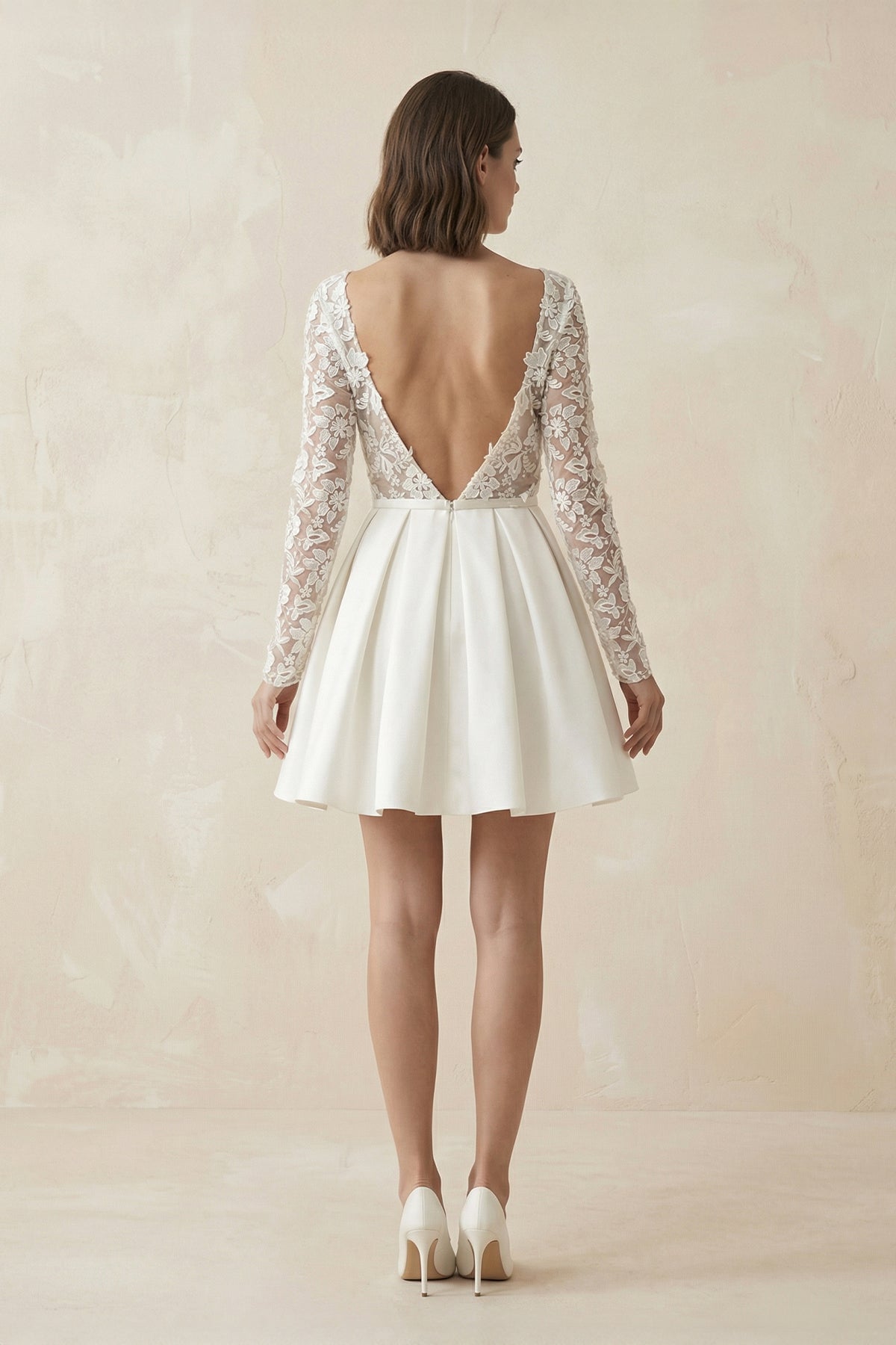 Simple A Line Short Knee-length Satin Lace Bateau Long Sleeve Wedding Dress - Curvevia
