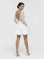 Simple A Line Short Knee-length Satin Lace Bateau Long Sleeve Wedding Dress - Curvevia