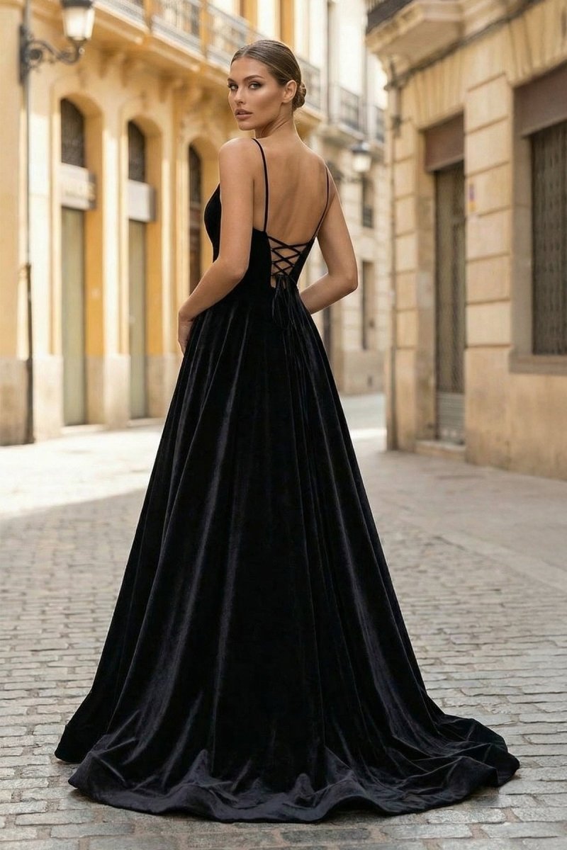 Simple Black Velvet Long Wedding Guest Dress, Black Wedding Guest Dress - Curvevia