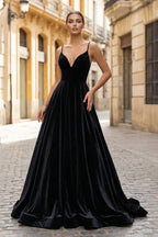 Simple Black Velvet Long Wedding Guest Dress, Black Wedding Guest Dress - Curvevia