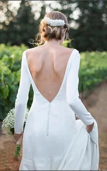 Simple Chiffon Mermaid Bateau-neck Deep-V Back Bridal Gown with Chapel Train - Curvevia