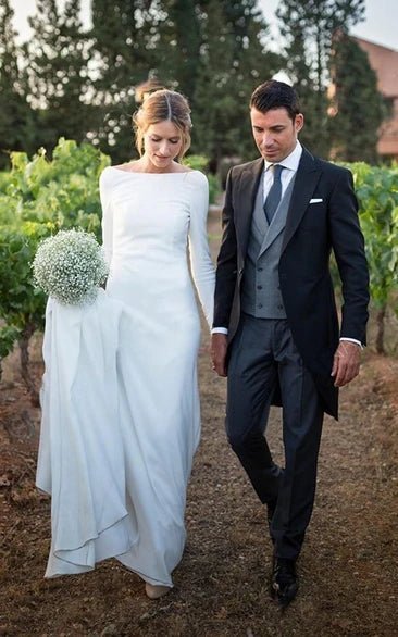 Simple Chiffon Mermaid Bateau-neck Deep-V Back Bridal Gown with Chapel Train - Curvevia