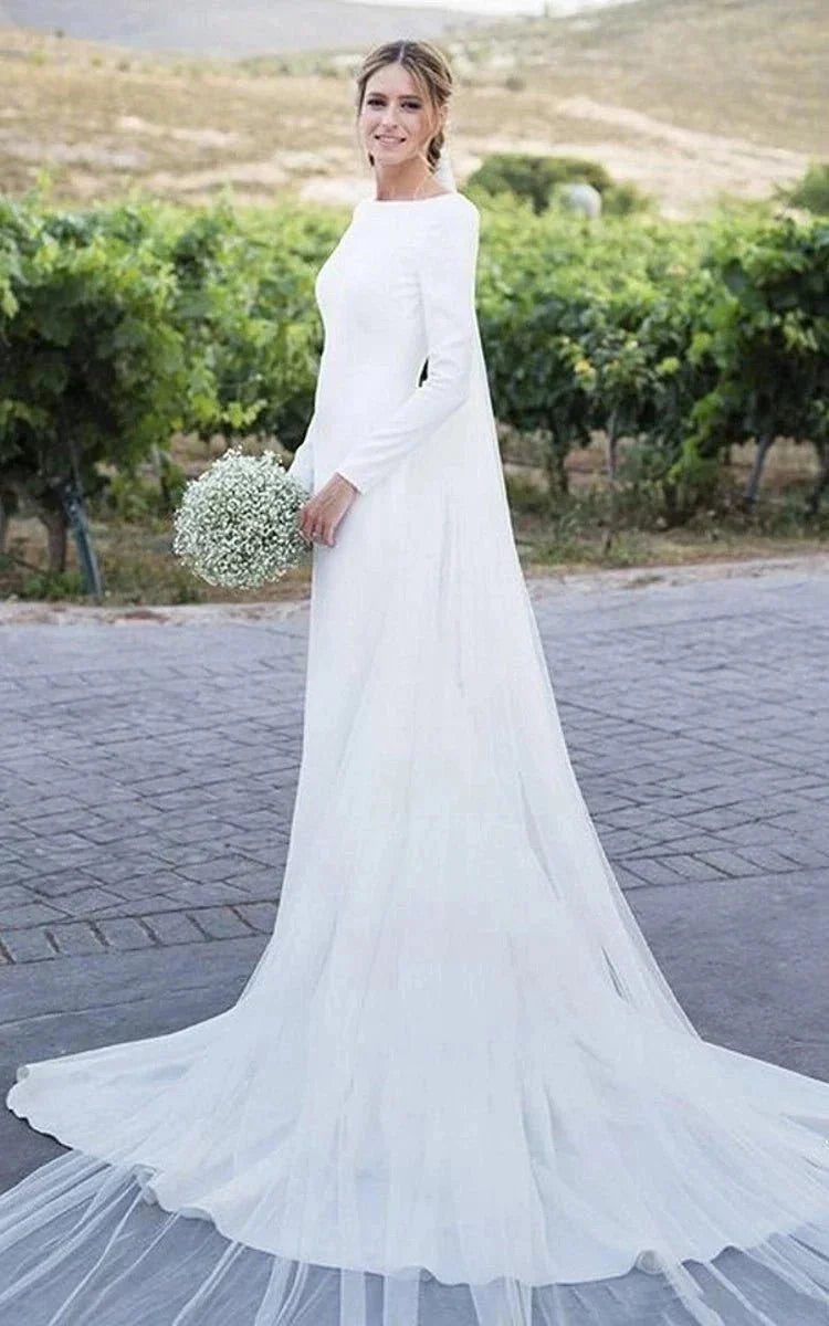 Simple Chiffon Mermaid Bateau-neck Deep-V Back Bridal Gown with Chapel Train - Curvevia
