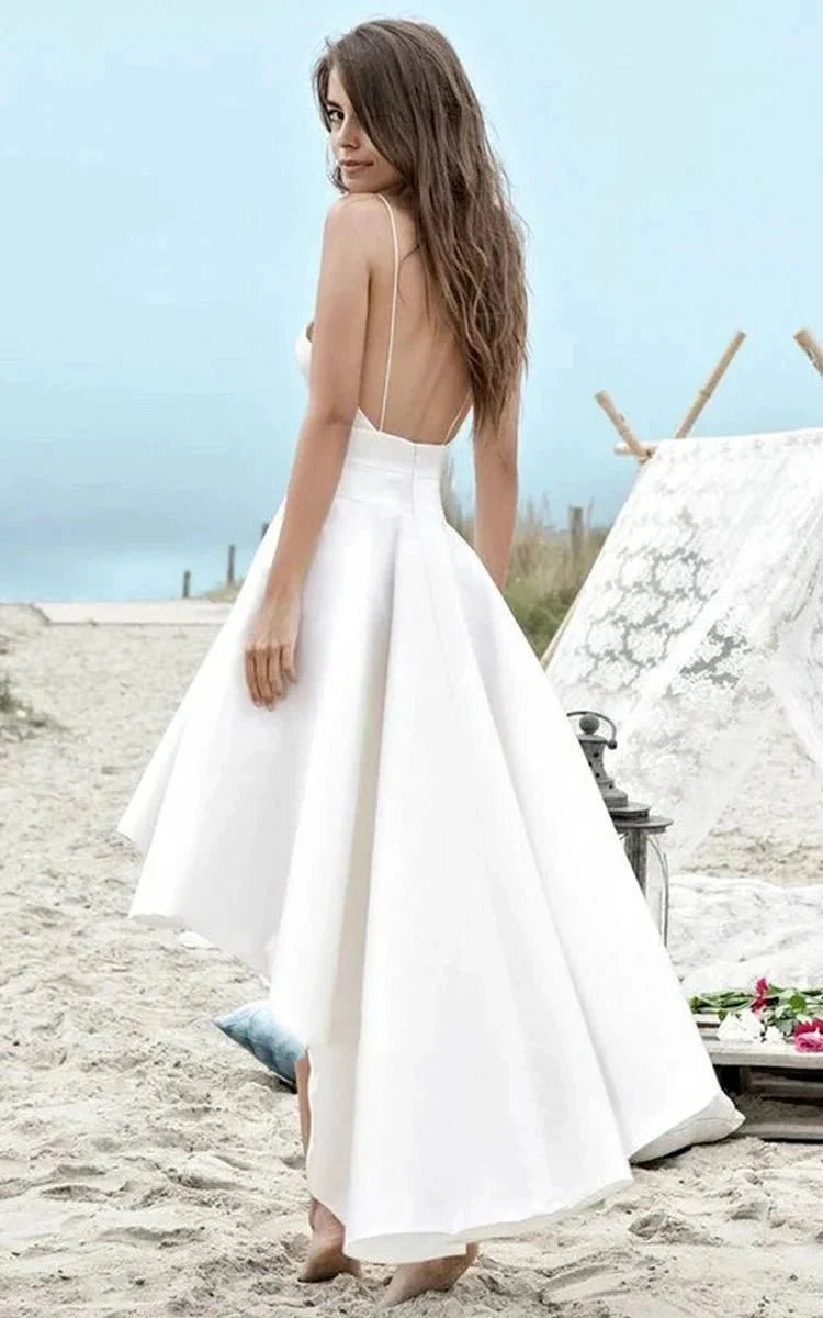 Simple High-low Spaghetti Straps Beach Wedding Dress With Ruching - Curvevia
