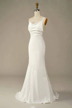 Simple Spaghetti Straps Long Soft Satin Ivory Mermaid Beach Wedding Dresses - Curvevia
