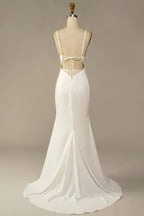 Simple Spaghetti Straps Long Soft Satin Ivory Mermaid Beach Wedding Dresses - Curvevia