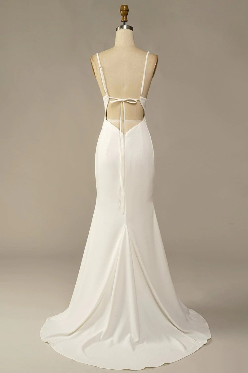 Simple Spaghetti Straps Long Soft Satin Ivory Mermaid Beach Wedding Dresses - Curvevia
