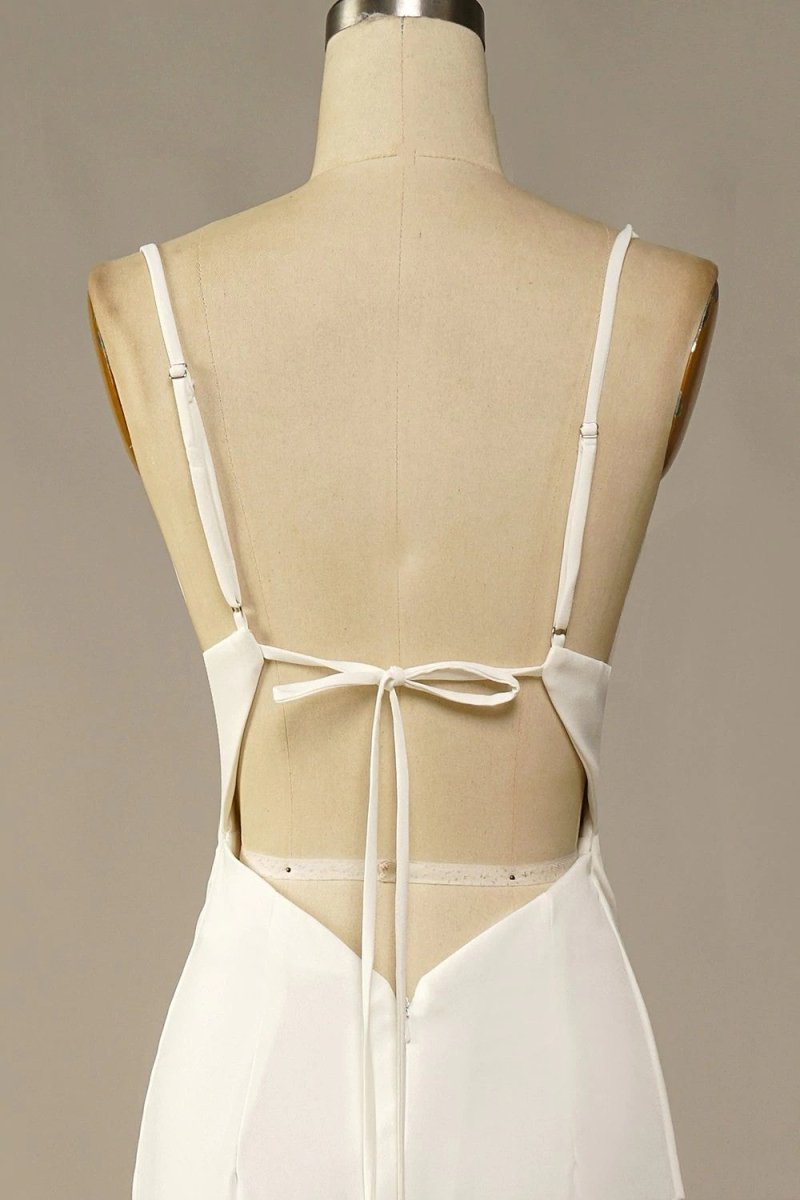 Simple Spaghetti Straps Long Soft Satin Ivory Mermaid Beach Wedding Dresses - Curvevia
