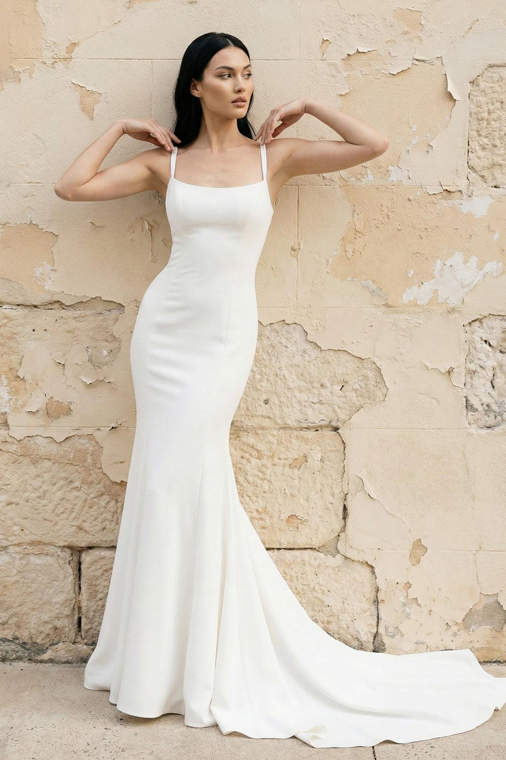 Simple Mermaid Scoop Neck Backless Satin Wedding Dresses - Curvevia