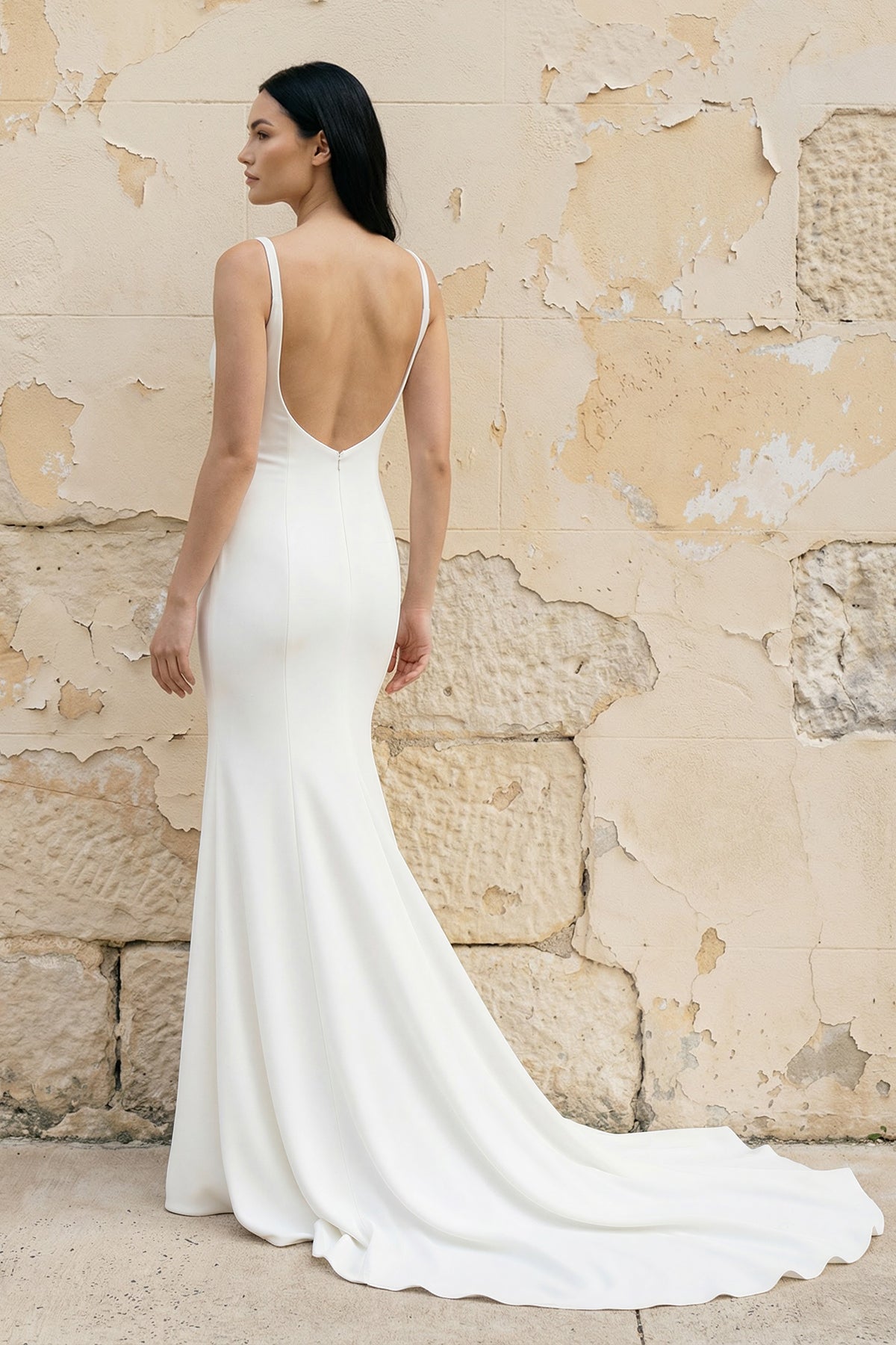 Simple Mermaid Scoop Neck Backless Satin Wedding Dresses - Curvevia