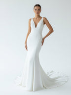 Simple Mermaid V Neck Satin White Wedding Dresses - Curvevia