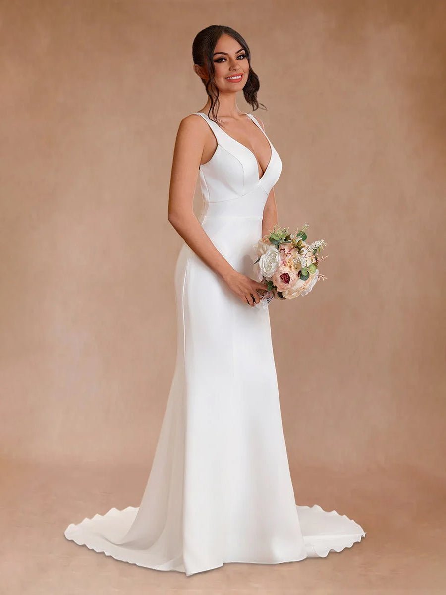 Simple Mermaid V Neck Satin White Wedding Dresses - Curvevia