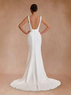 Simple Mermaid V Neck Satin White Wedding Dresses - Curvevia
