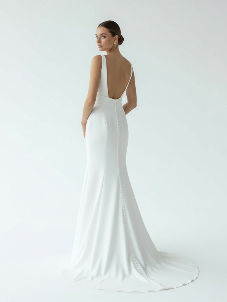 Simple Mermaid V Neck Satin White Wedding Dresses - Curvevia