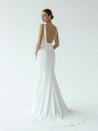 Simple Mermaid V Neck Satin White Wedding Dresses - Curvevia