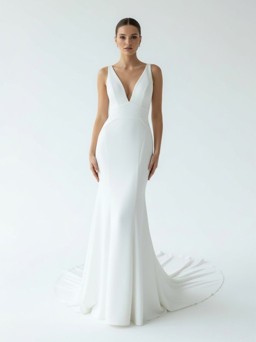 Simple Mermaid V Neck Satin White Wedding Dresses - Curvevia
