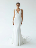 Simple Mermaid V Neck Satin White Wedding Dresses - Curvevia