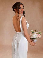 Simple Mermaid V Neck Satin White Wedding Dresses - Curvevia