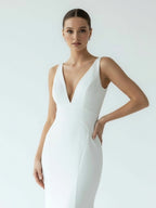 Simple Mermaid V Neck Satin White Wedding Dresses - Curvevia