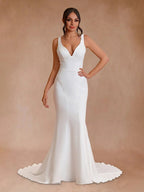 Simple Mermaid V Neck Satin White Wedding Dresses - Curvevia