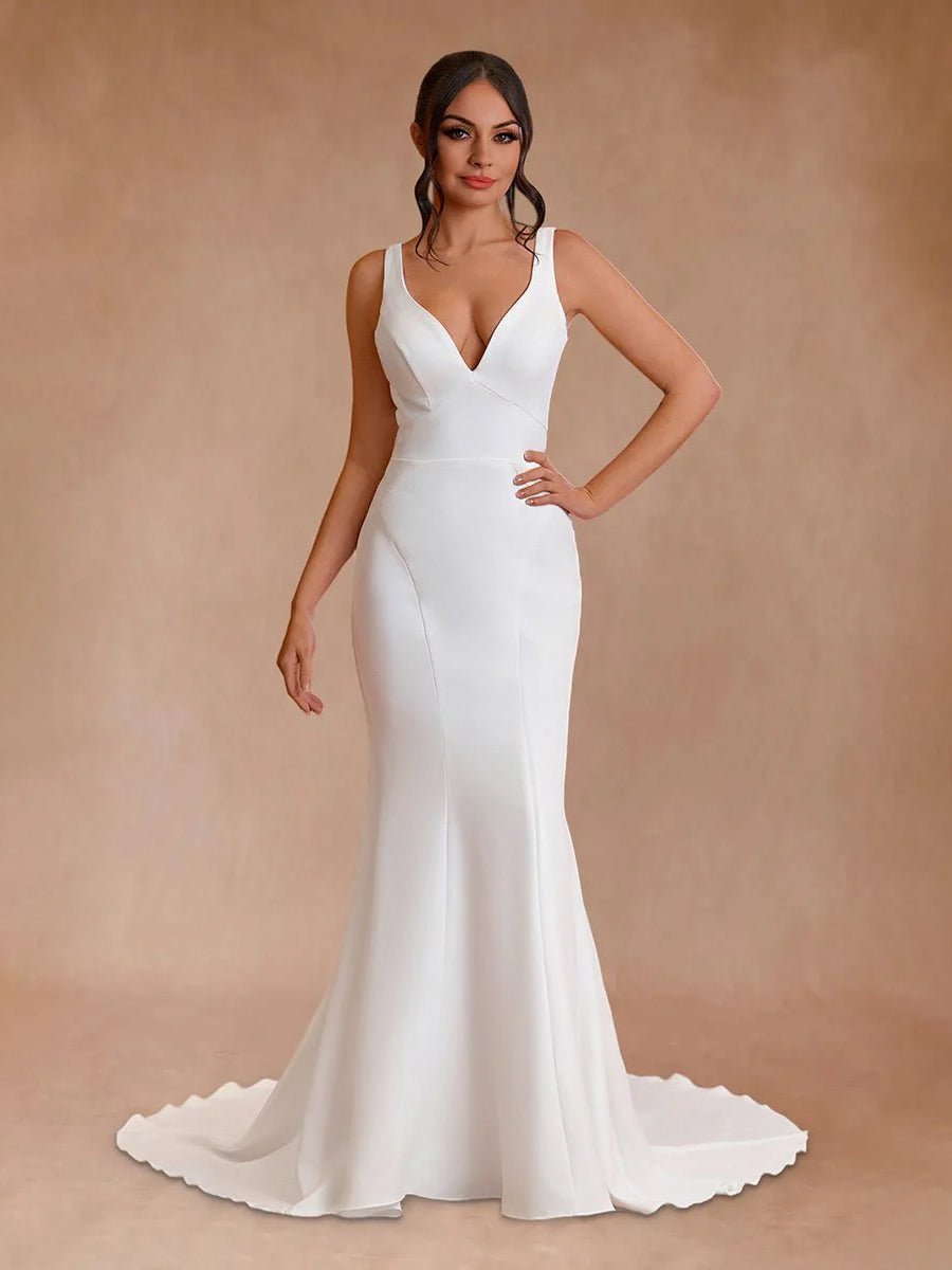 Simple Mermaid V Neck Satin White Wedding Dresses - Curvevia