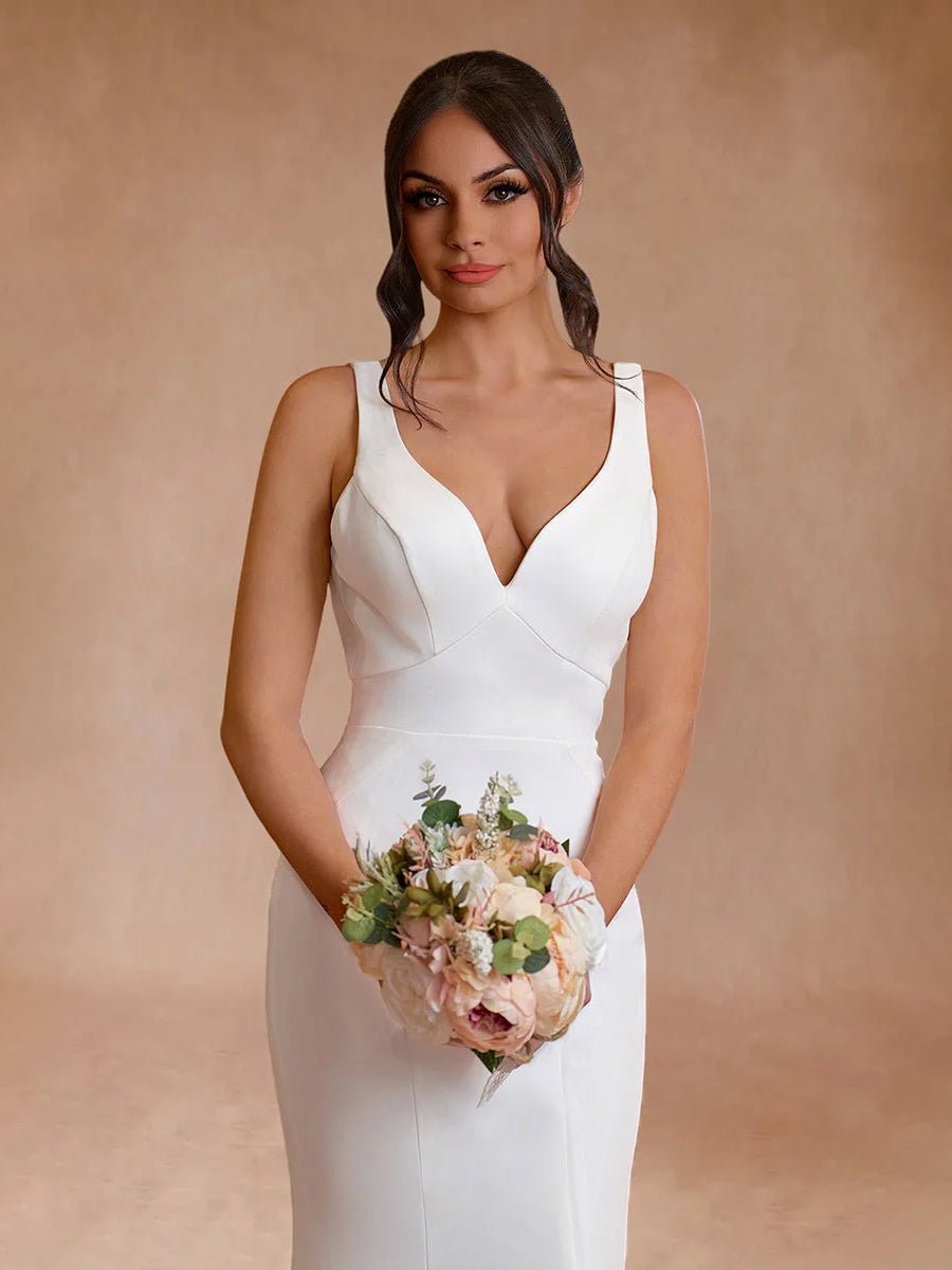 Simple Mermaid V Neck Satin White Wedding Dresses - Curvevia