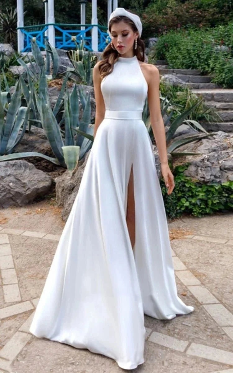 Simple Modest A-Line Halter Maxi Wedding Dress - Curvevia