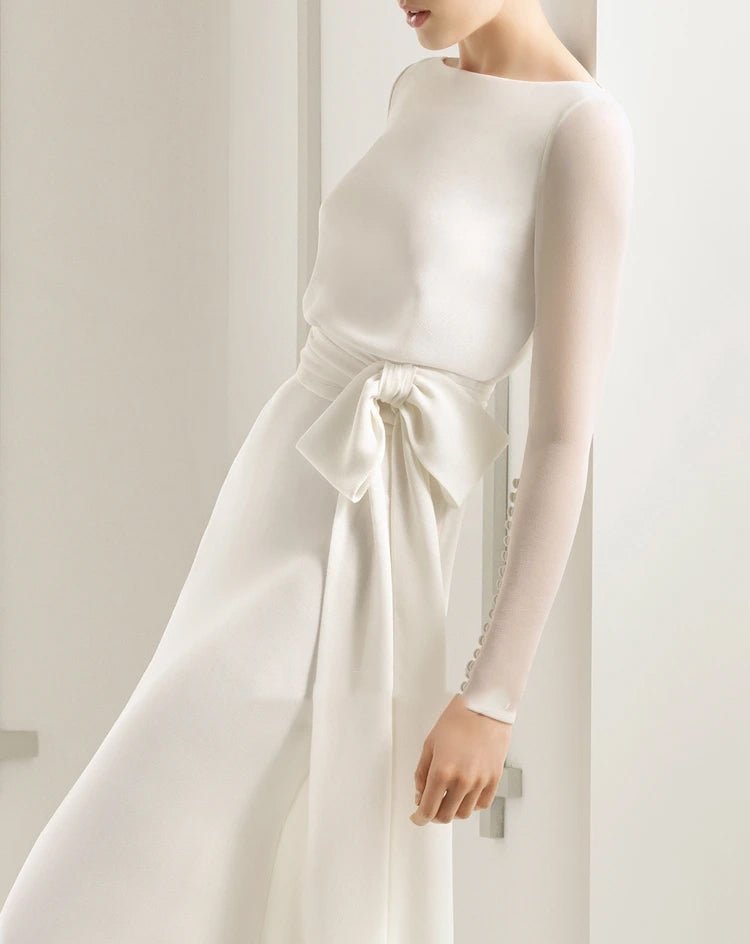 Simple Modest Long Sleeve Mermaid Wedding Dress With Decoratived Buttons and Bow - Curvevia