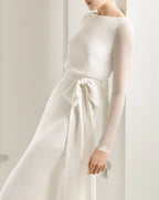 Simple Modest Long Sleeve Mermaid Wedding Dress With Decoratived Buttons and Bow - Curvevia