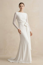 Simple Modest Long Sleeve Mermaid Wedding Dress With Decoratived Buttons and Bow - Curvevia