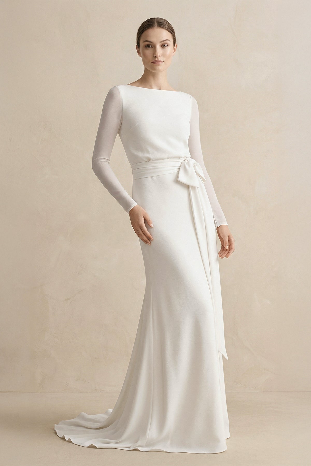 Simple Modest Long Sleeve Mermaid Wedding Dress With Decoratived Buttons and Bow - Curvevia