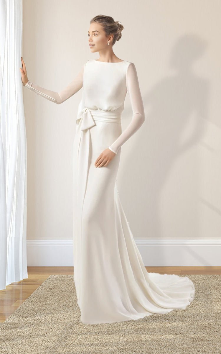 Simple Modest Long Sleeve Mermaid Wedding Dress With Decoratived Buttons and Bow - Curvevia