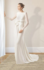 Simple Modest Long Sleeve Mermaid Wedding Dress With Decoratived Buttons and Bow - Curvevia