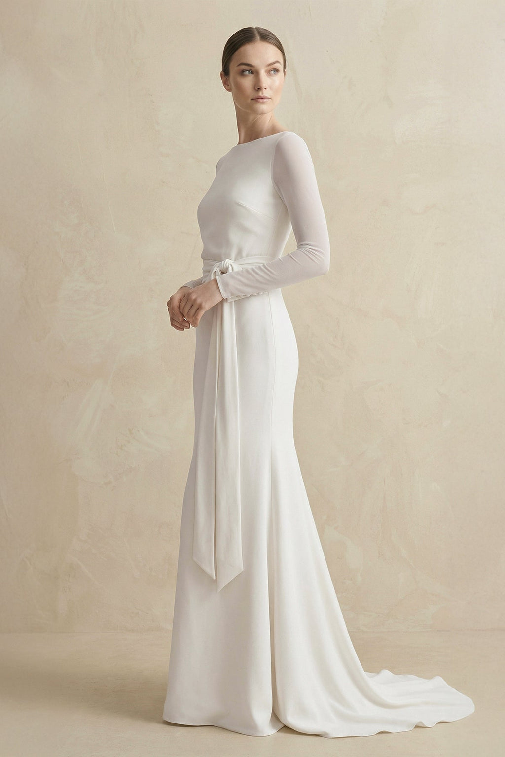 Simple Modest Long Sleeve Mermaid Wedding Dress With Decoratived Buttons and Bow - Curvevia