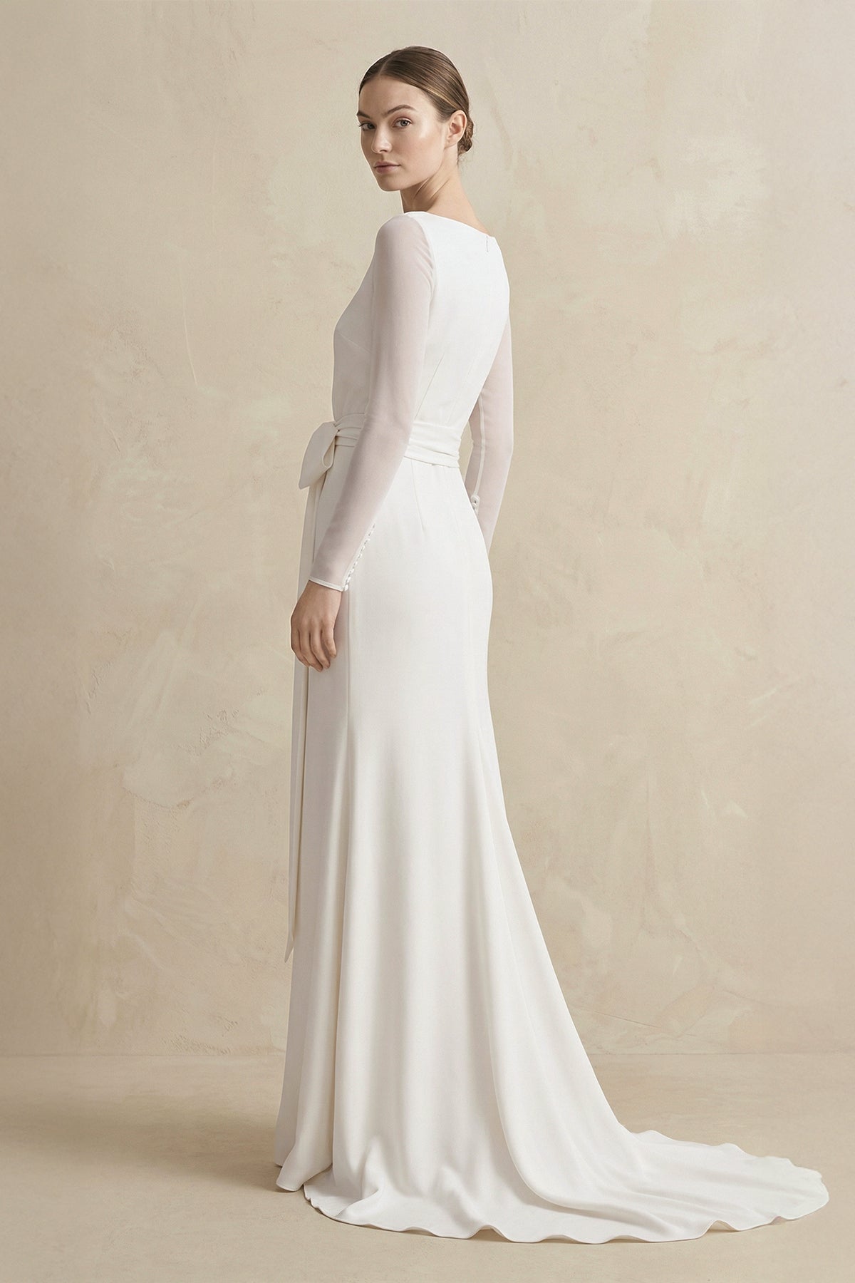 Simple Modest Long Sleeve Mermaid Wedding Dress With Decoratived Buttons and Bow - Curvevia