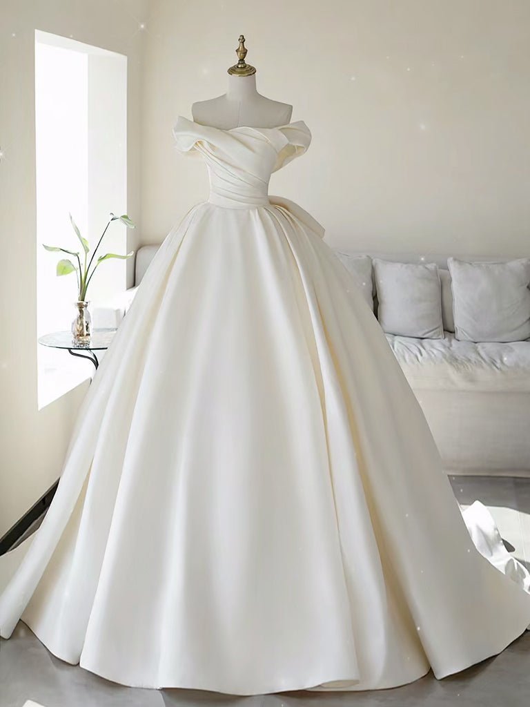 Simple A-line Off The Shoulder Satin Diamond White Long Wedding Dress - Curvevia