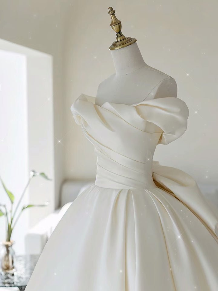 Simple A-line Off The Shoulder Satin Diamond White Long Wedding Dress - Curvevia