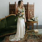 Cowl Neck Ivory Sheath Satin Wedding Dresses with Button Slit - Curvevia